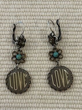 LOVE Dangle Earrings with Turquoise Flower Accent - Silver Tone